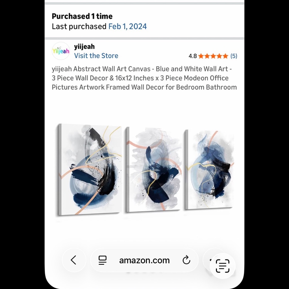 Abstract Blue & White Wall Art – Set of 3 Framed Canvases (16x12)